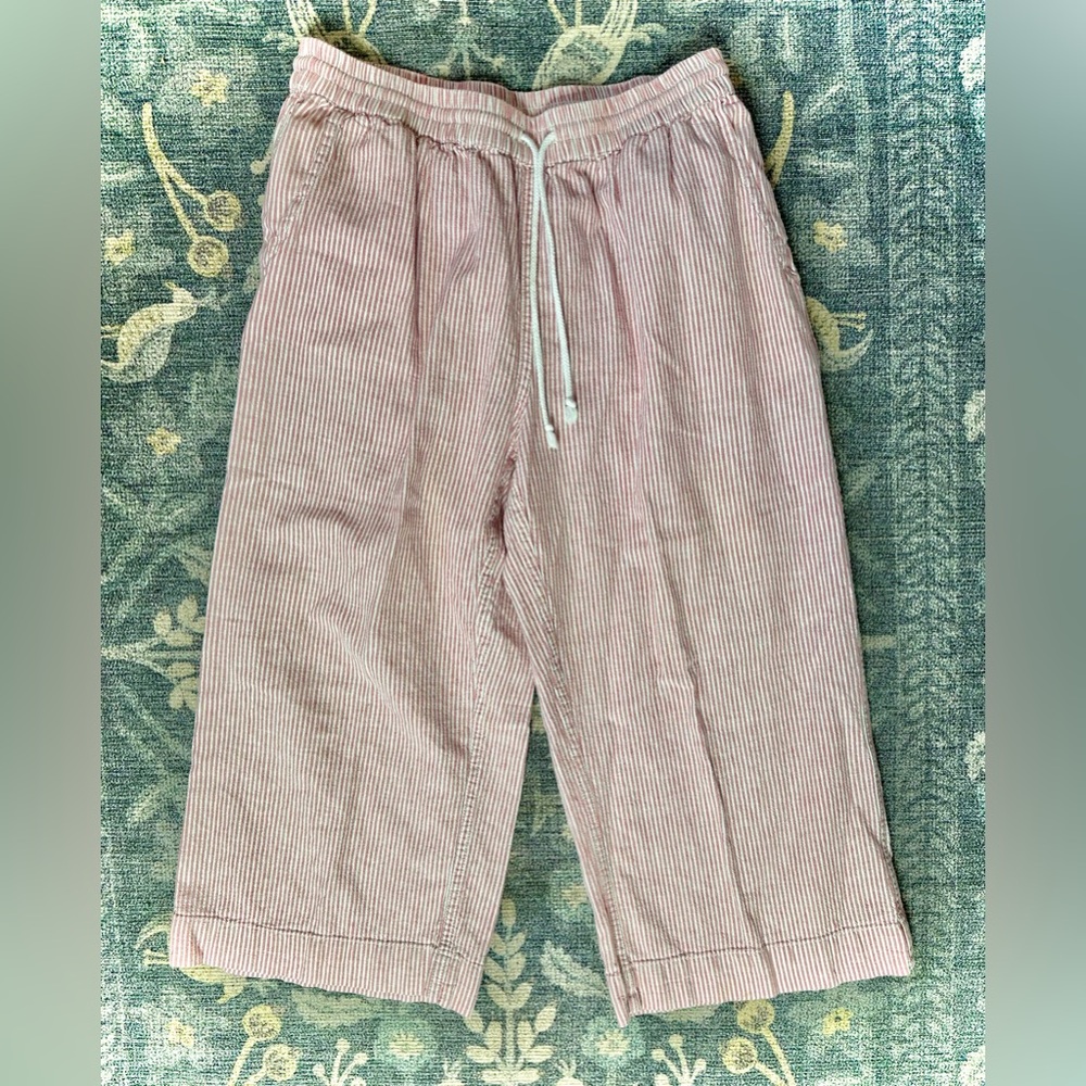 beachlunchlounge Pink Striped Wide Leg Drawstring Linen Cotton Blend Capris